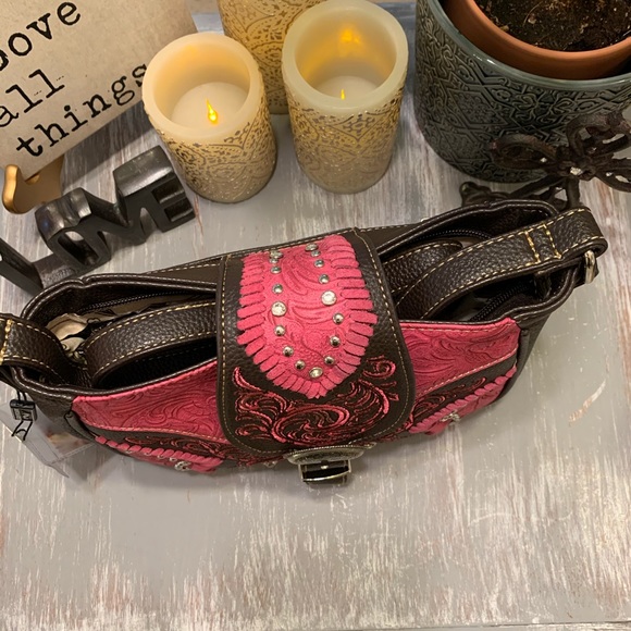 Montana West pink dark brown buckle and rhinestone crossbody NWT - Picture 4 of 16